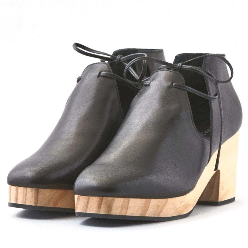 Kelsi Dagger Black Leather Mules with Tan Wooden Heel